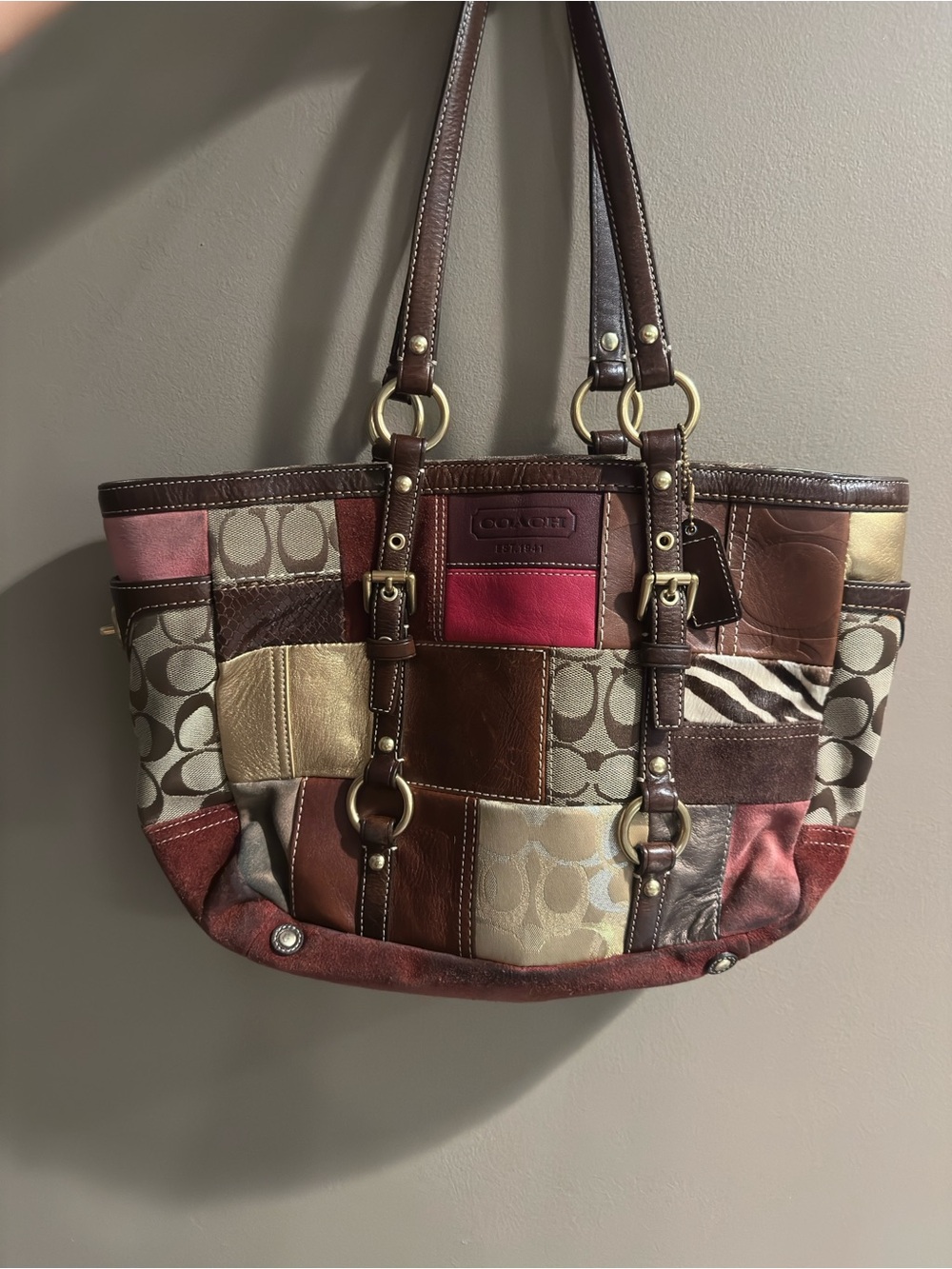 Coach Patchwork Signature Tote in Brown, Pink, Gold and Cream